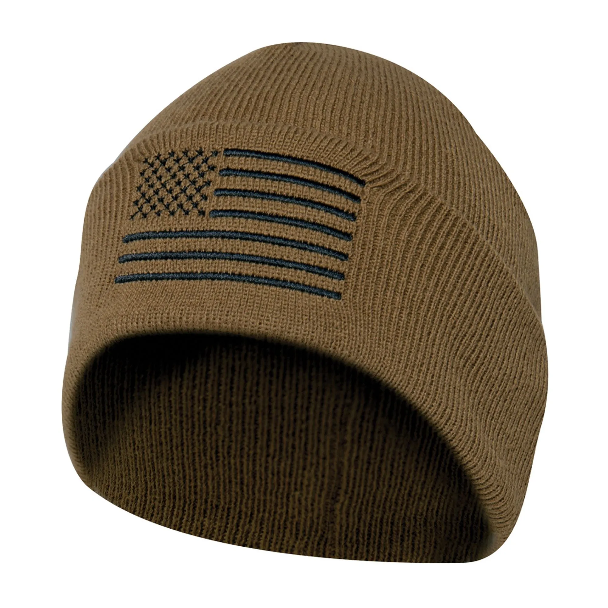 Coyote Brown US Flag Embroidered Fine Knit Watch Cap Beanie Hat