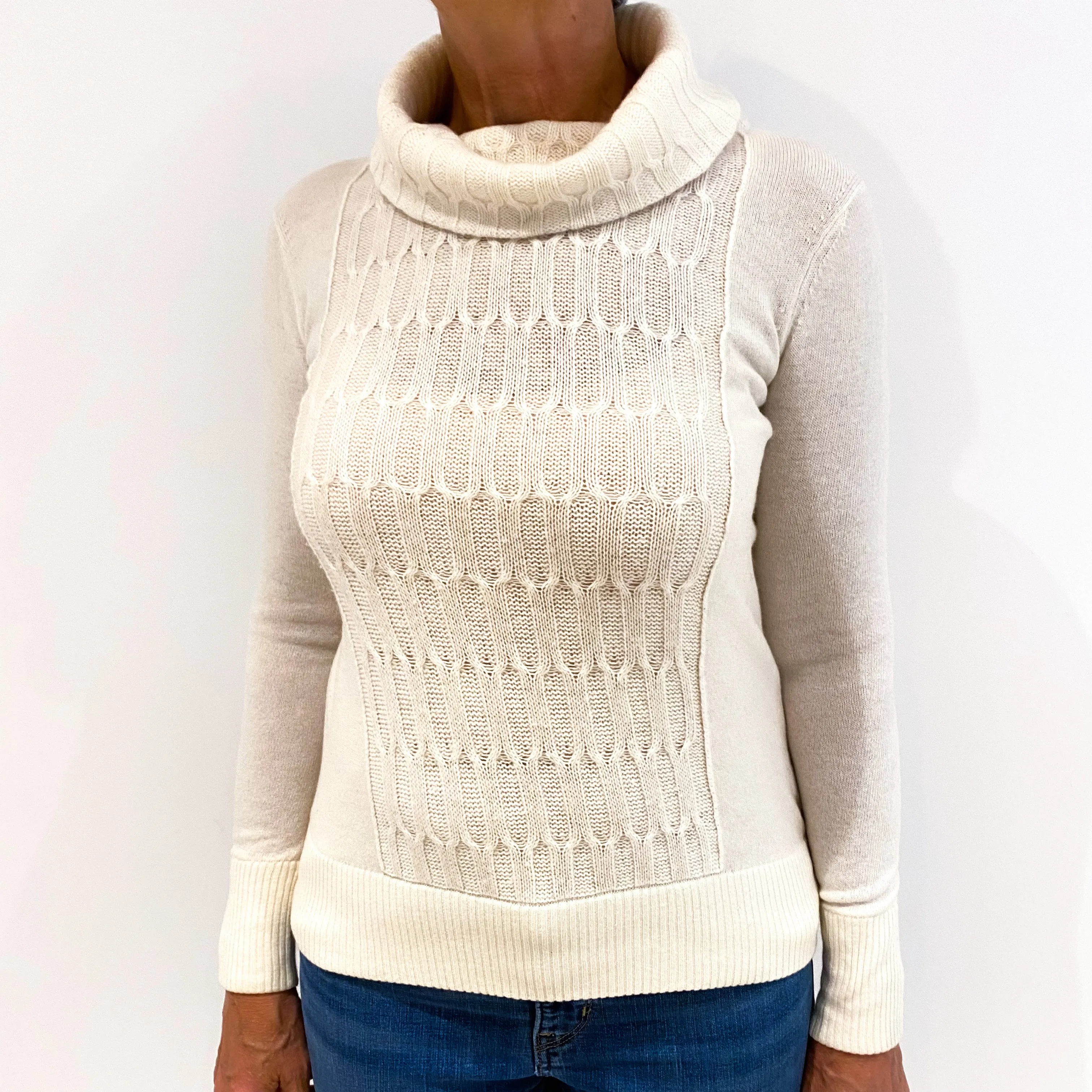 Cream Patterned Knit Cashmere Cowl Neck Jumper Medium