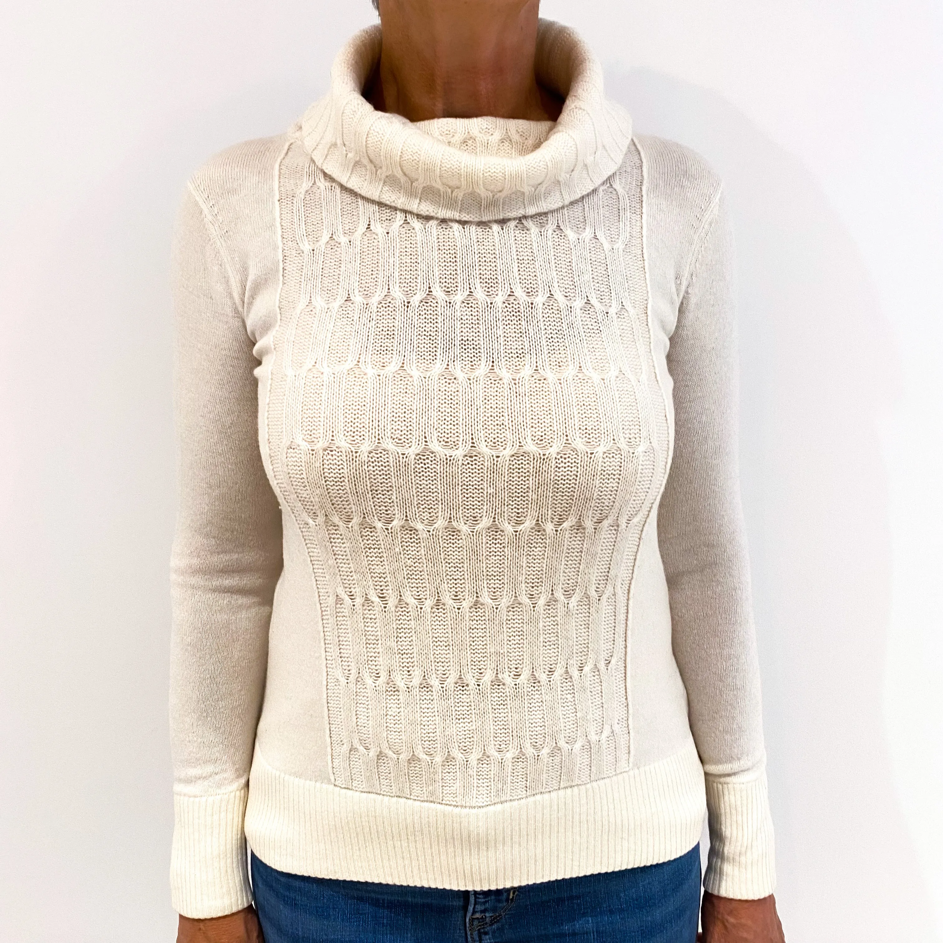 Cream Patterned Knit Cashmere Cowl Neck Jumper Medium