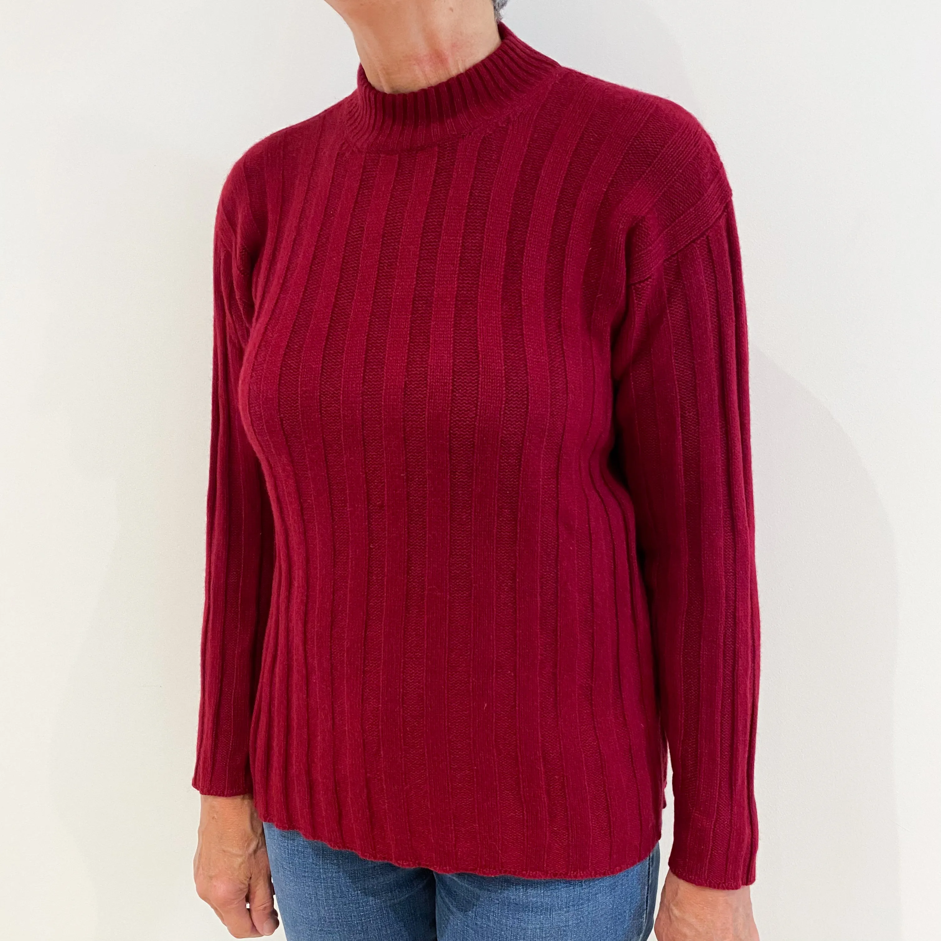 Crimson Red Ribbed Cashmere High Crew Neck Jumper Medium