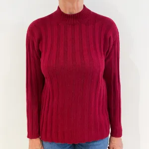 Crimson Red Ribbed Cashmere High Crew Neck Jumper Medium