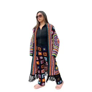 Crochet Granny Square Cardigan Trouser Set - Black