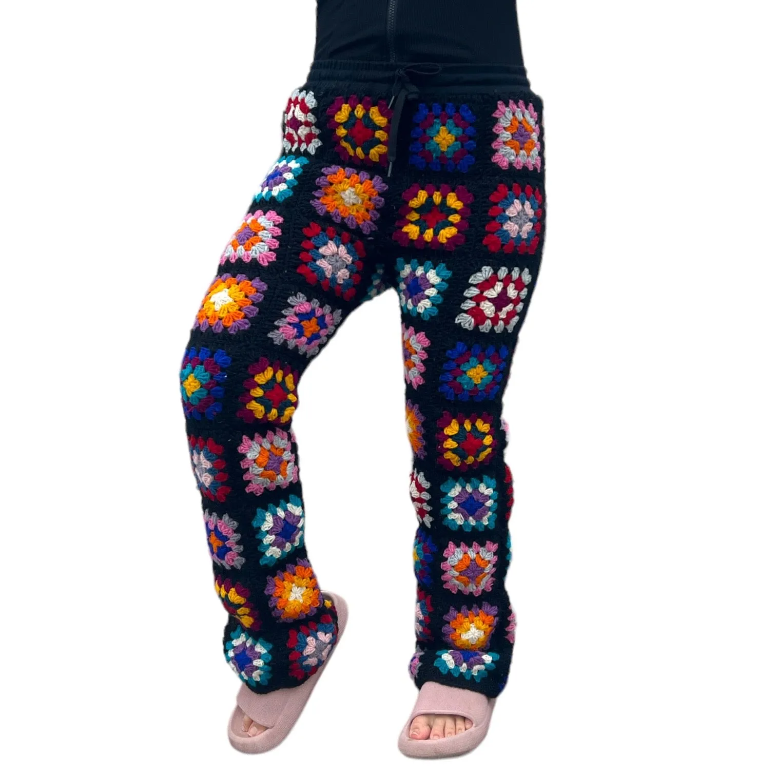 Crochet Granny Square Cardigan Trouser Set - Black