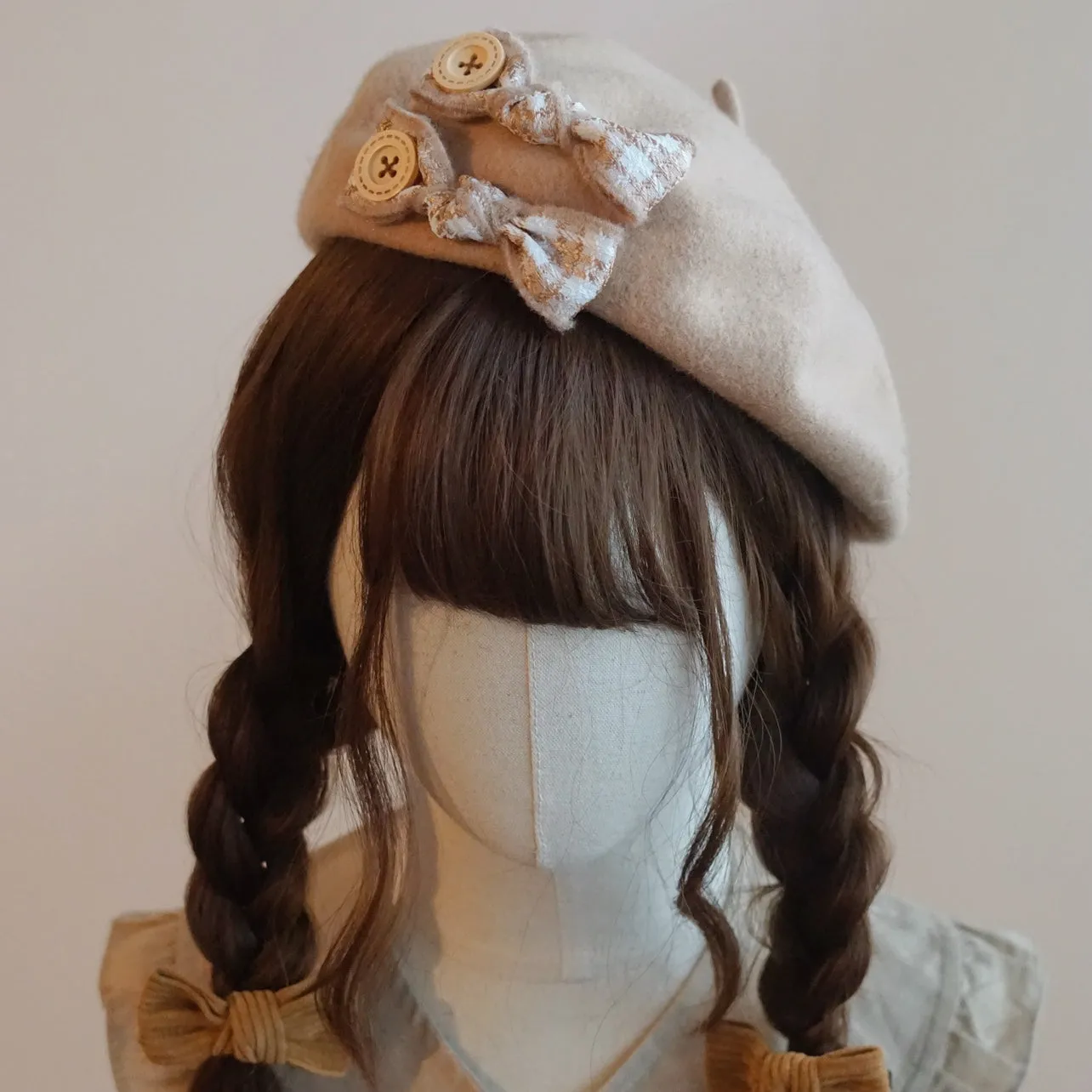 Cute Autumn Fall Handmade Original Knit Bow Brown Houndstooth Beret Hats