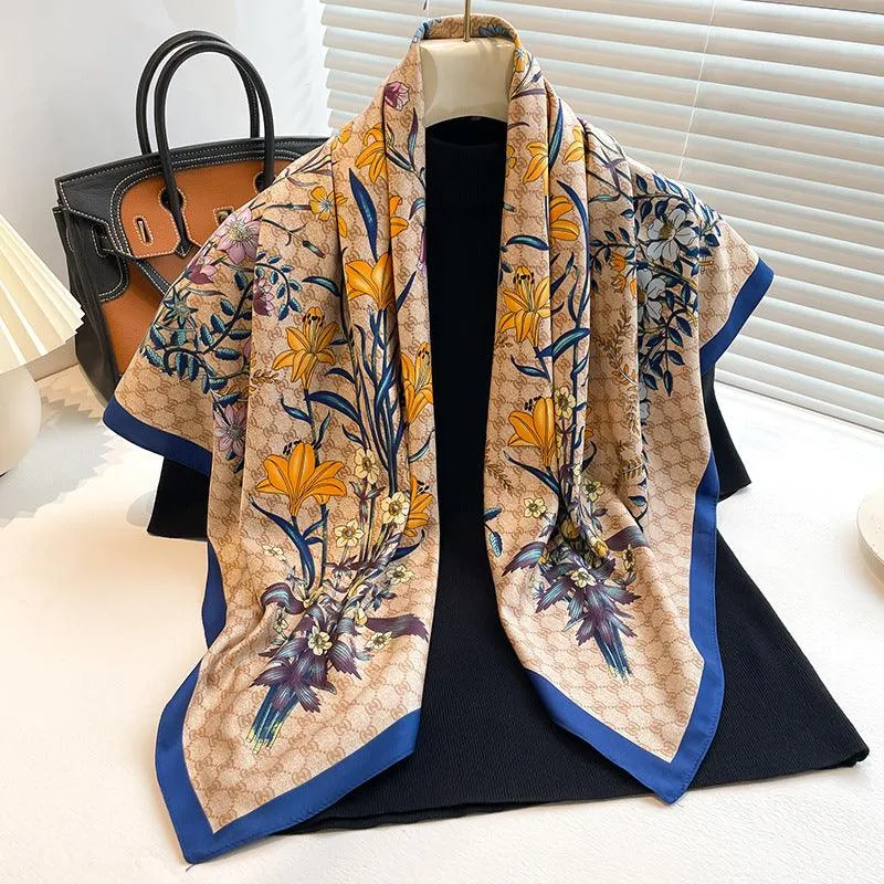 Daisy Pattern Chic Large Satin Scarf | 90x90cm Bandana | Twill Satin Shawl | Perfect Gift for Her, Mother's Day