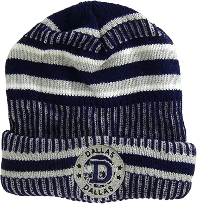 Dallas City Name Knitted Plush Lined Varsity Cuffed Hat with Seal (Navy/Gray)