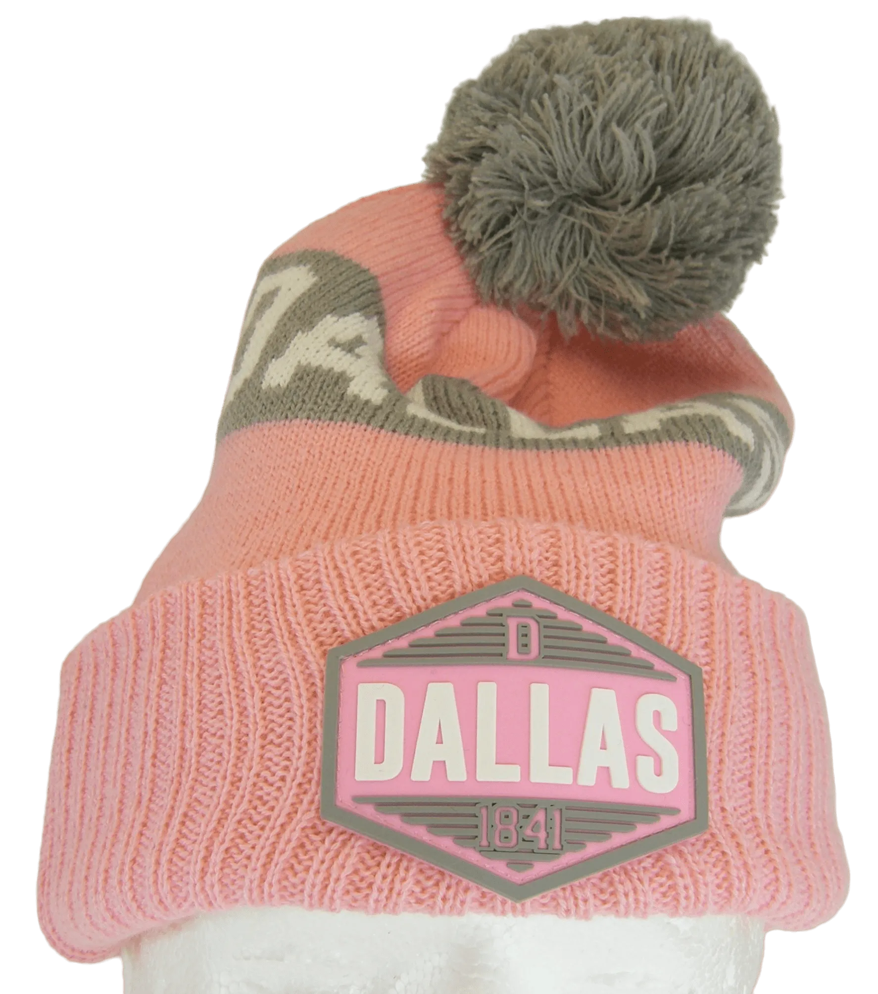 Dallas City Name Winter Knit 3D Rubber Patch Pom Beanie Hat (Pink/Gray)