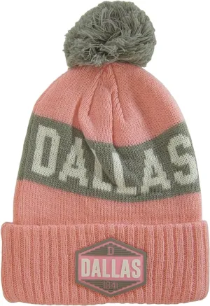 Dallas City Name Winter Knit 3D Rubber Patch Pom Beanie Hat (Pink/Gray)