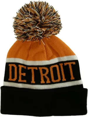 Detroit City Name Wide Stripe Winter Knit Pom Beanie Hat (Orange/Black)