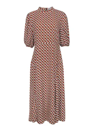 Diane von Furstenberg  - Mustard Chain Print Crepe Maxi Dress w/ Puff Sleeve Sz 14