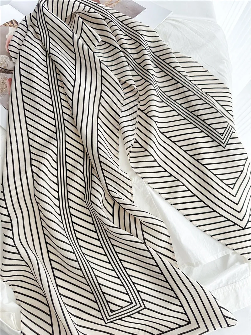 Double Crepe Silk Minimalist Long Silk Scarf, Black and White Striped Silk Scarf, Gift for her