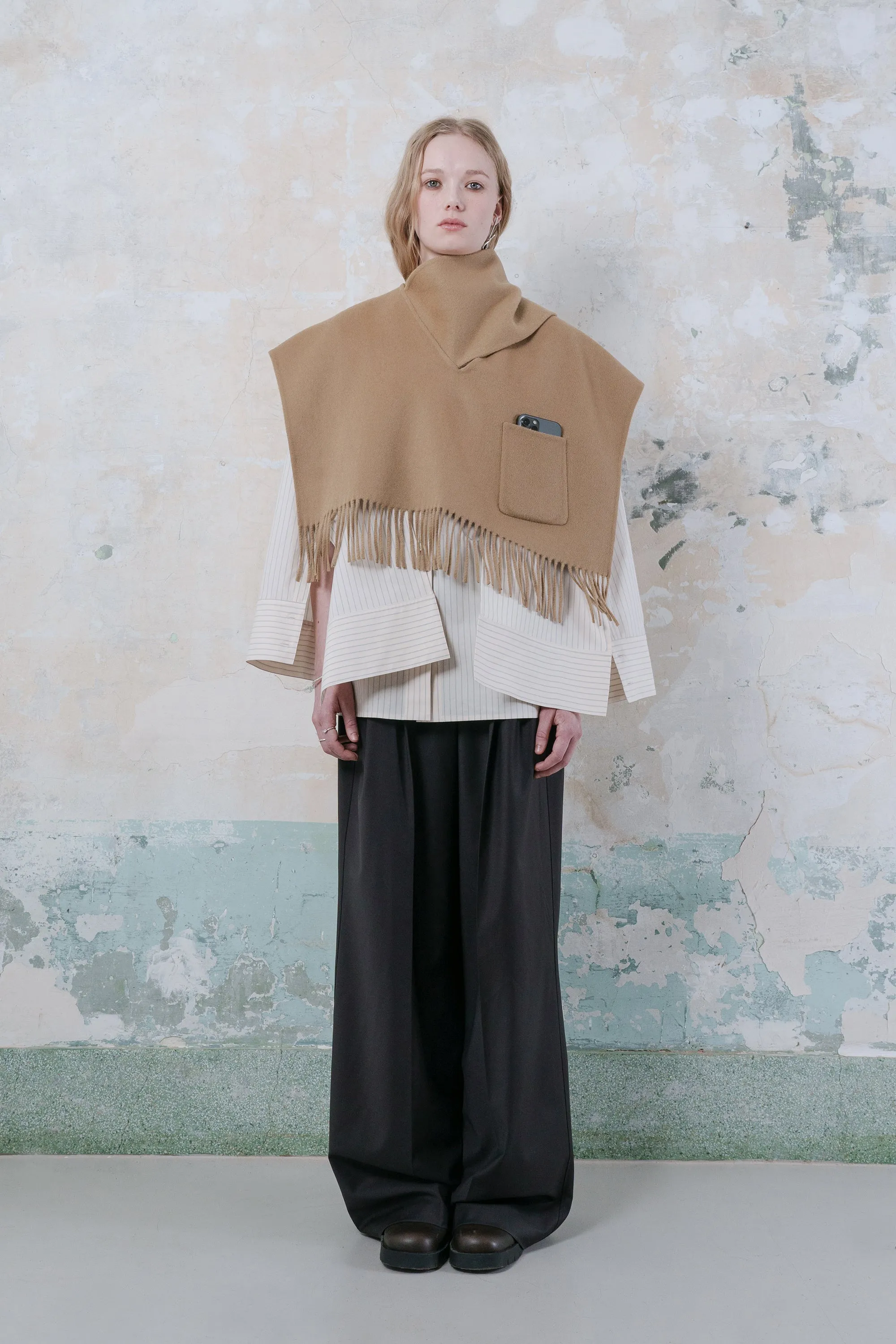 Double-faced wool-blend fringed muffler poncho