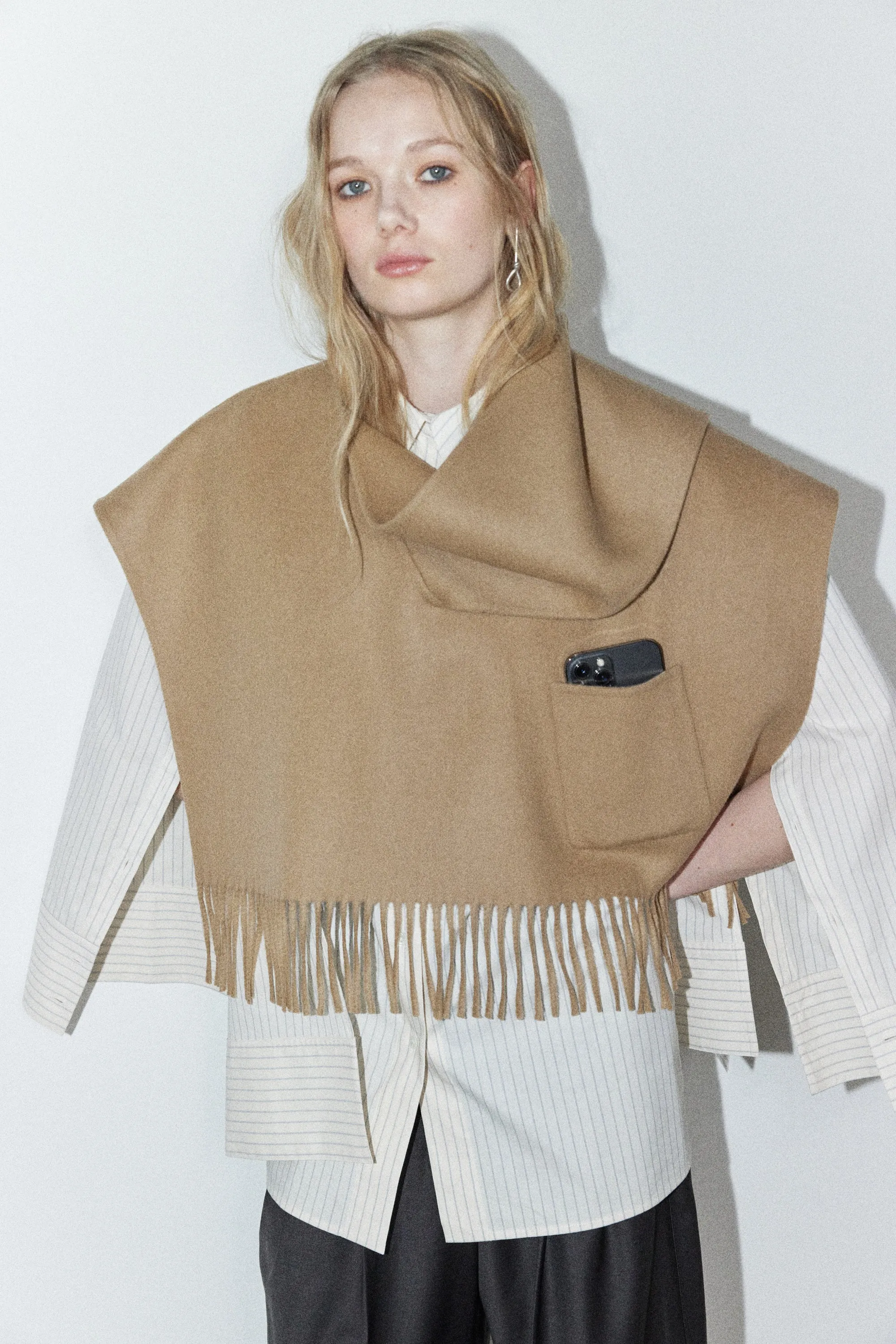 Double-faced wool-blend fringed muffler poncho