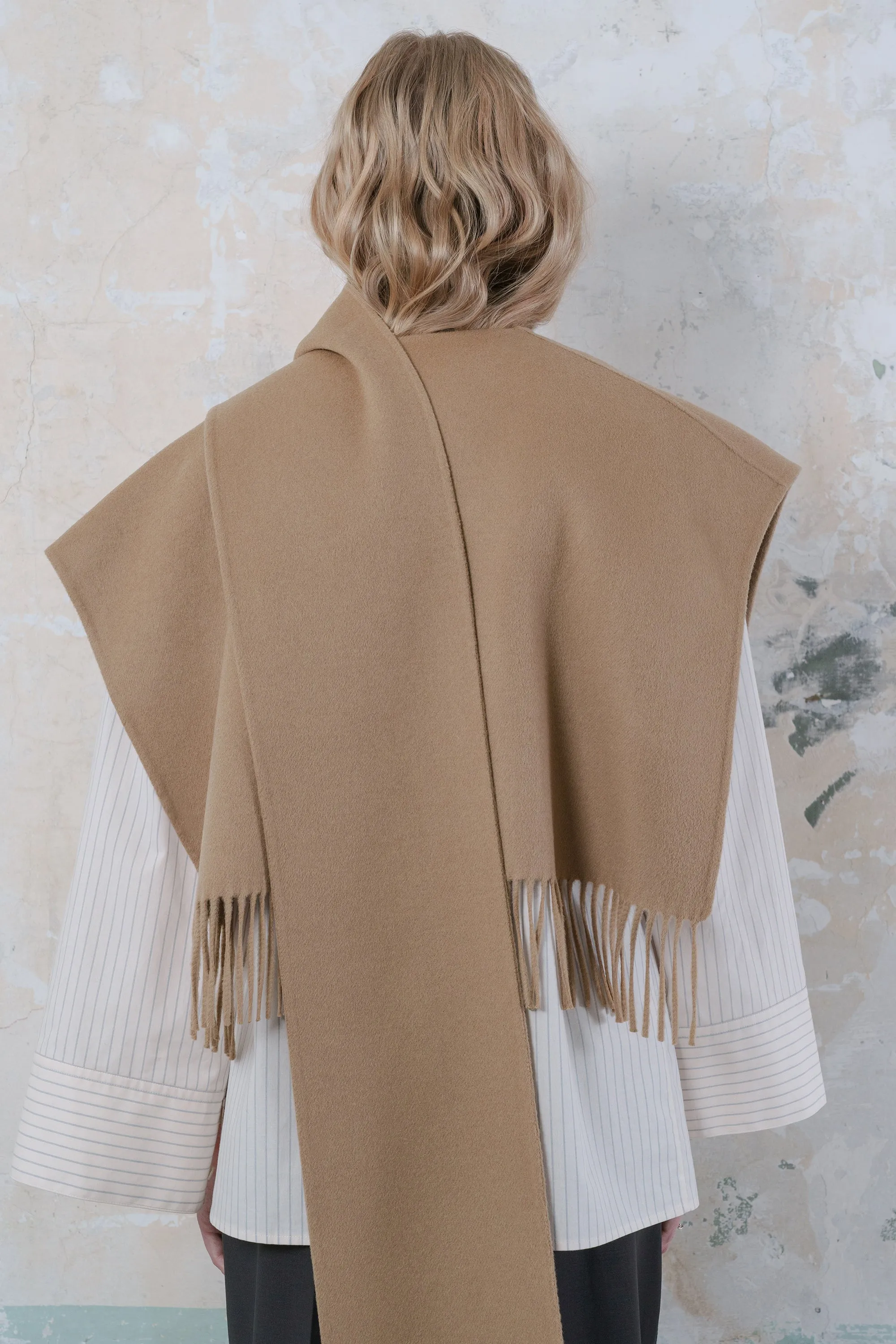 Double-faced wool-blend fringed muffler poncho