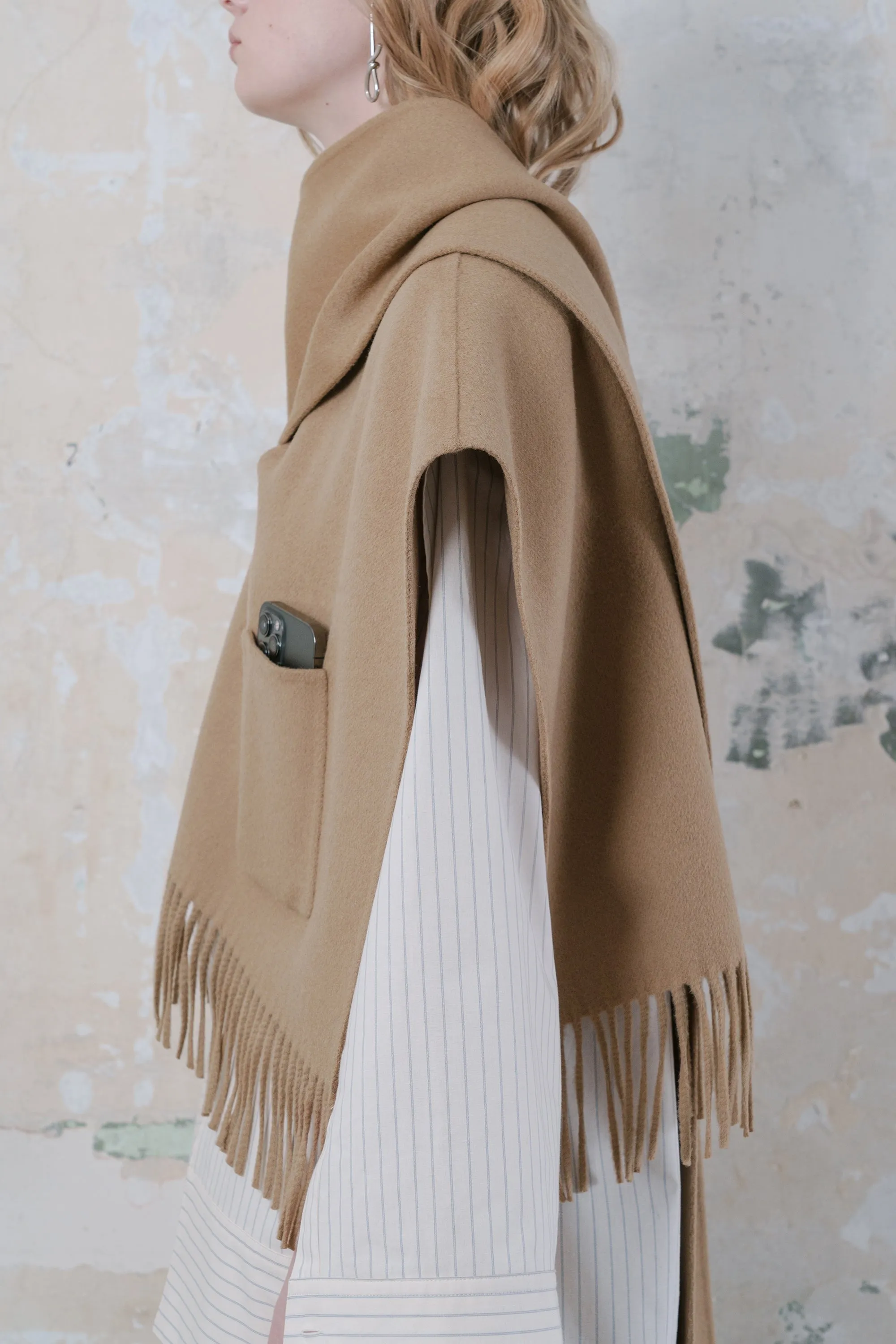 Double-faced wool-blend fringed muffler poncho