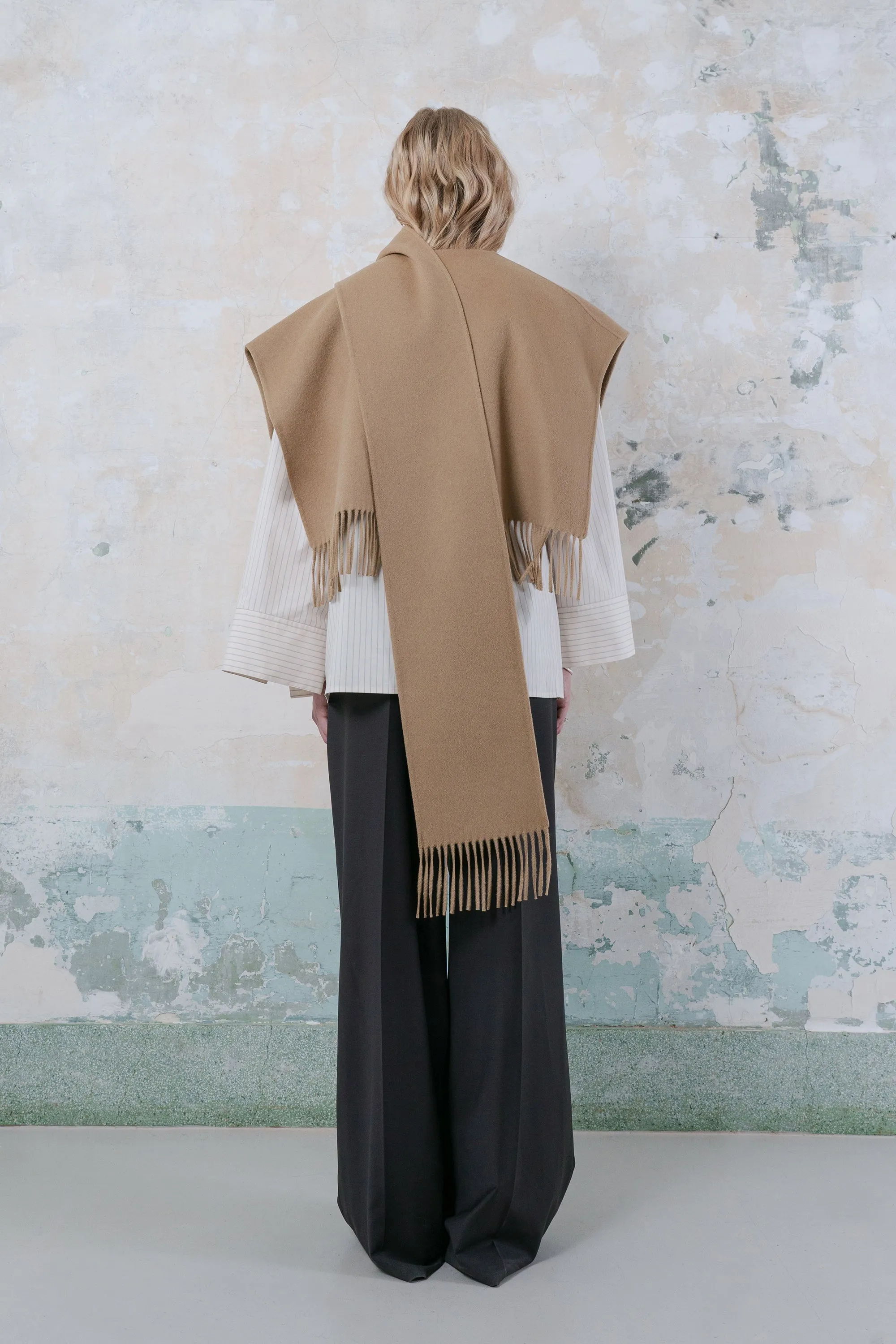 Double-faced wool-blend fringed muffler poncho