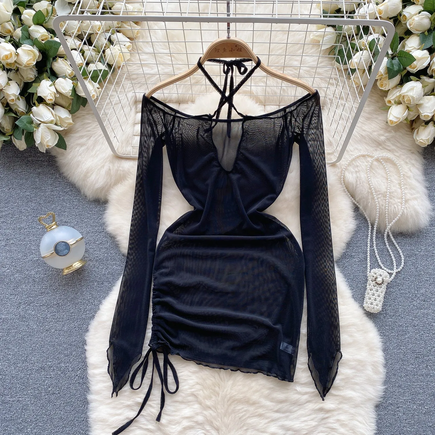 Drawstring Black Mesh Halter Dress