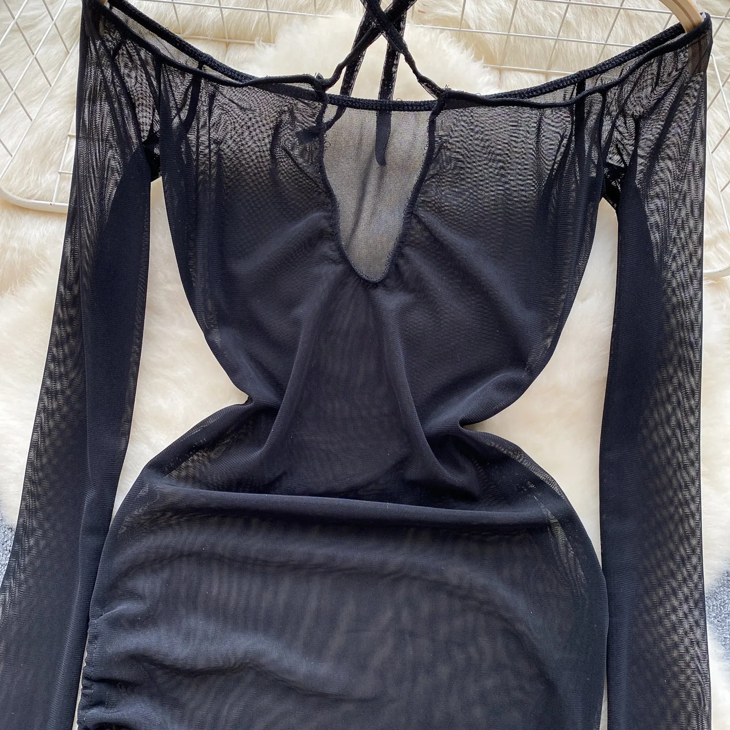 Drawstring Black Mesh Halter Dress