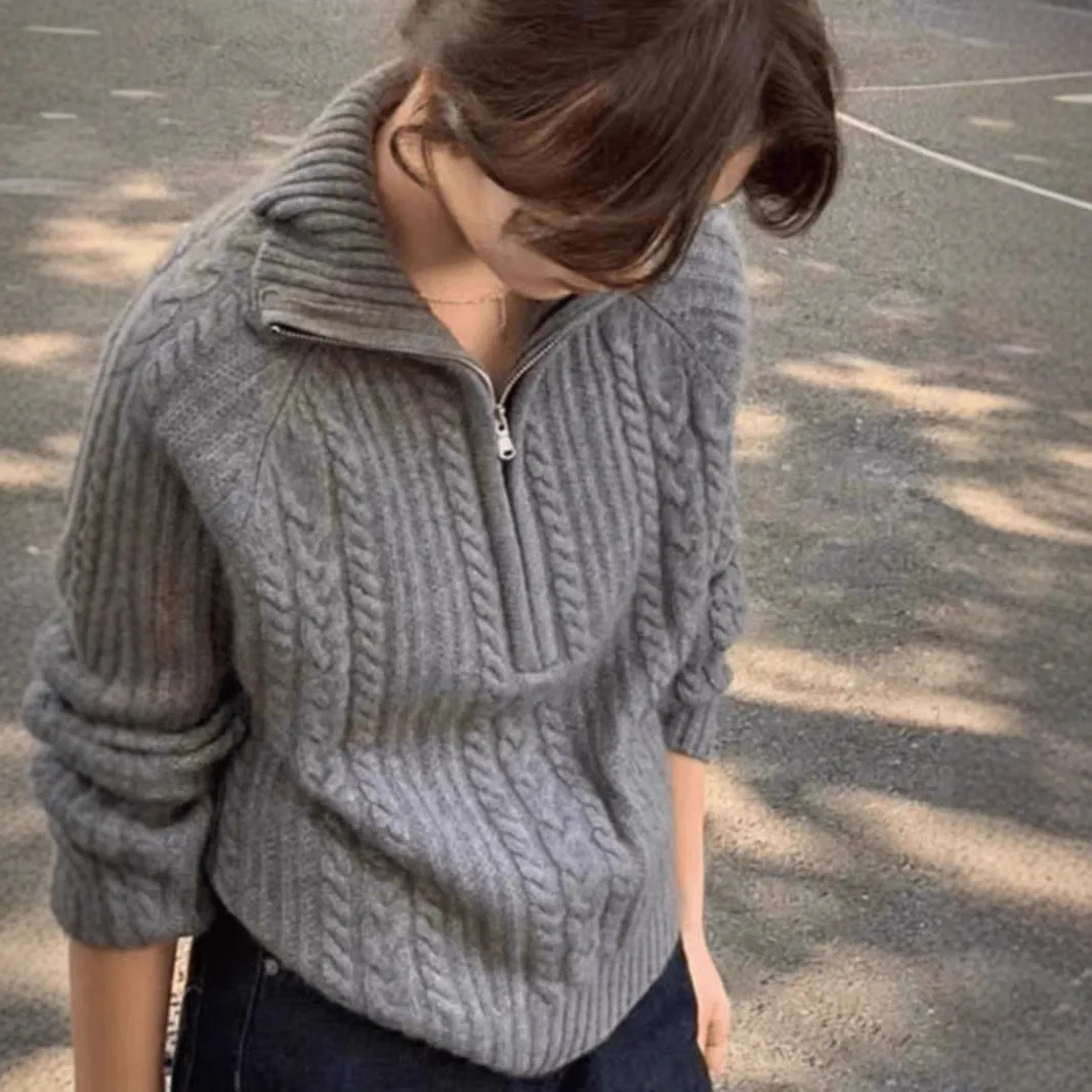 Elegant Lapel Twist Design Loose Casual Sweater Women