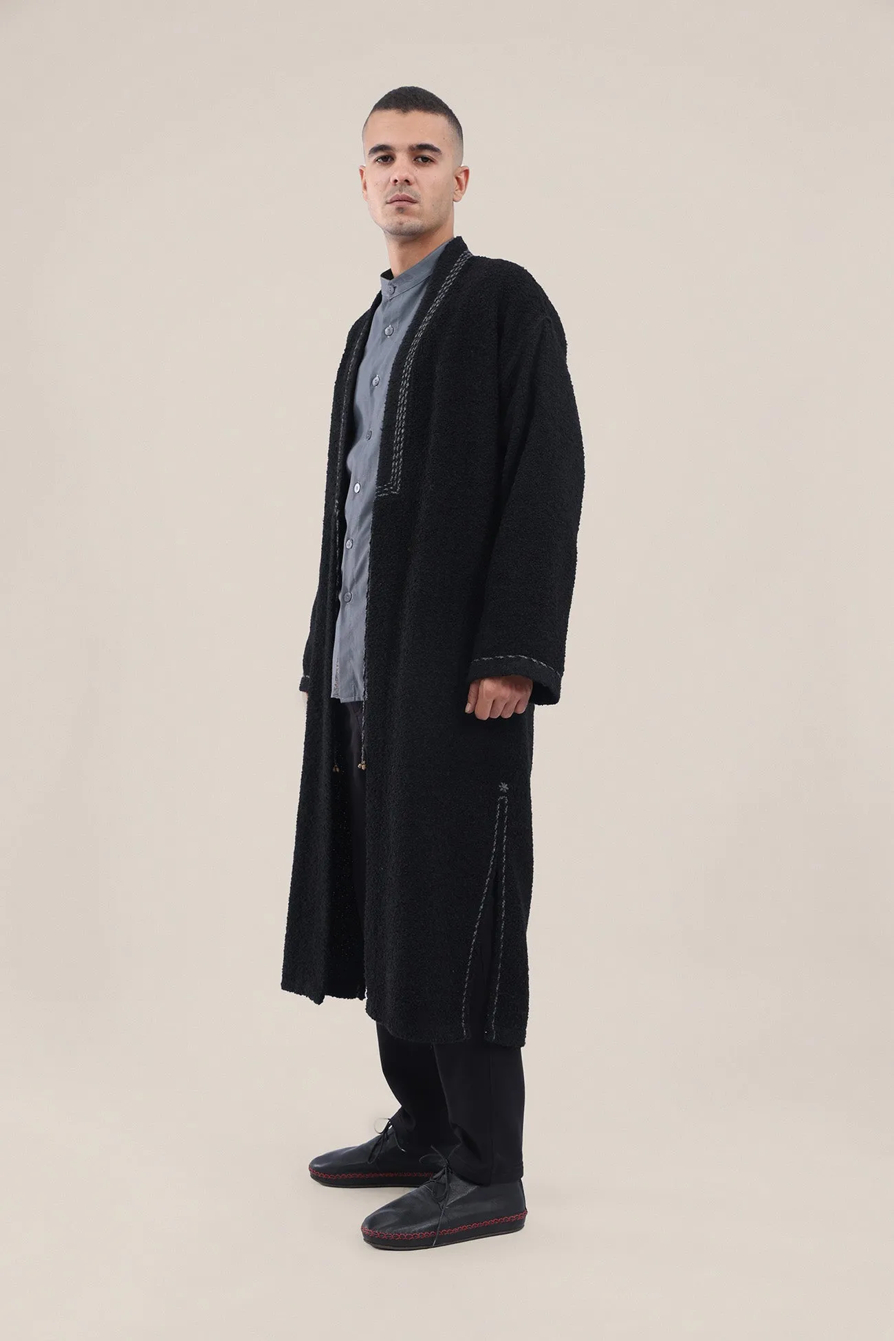 Embroidered bouclette faux wool coat