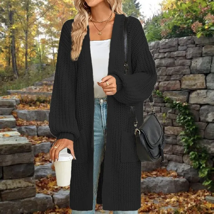 European And American Loose Lantern Sleeve Sweater Women's Cardigan Mid-length Autumn And Winter Pocket Coat