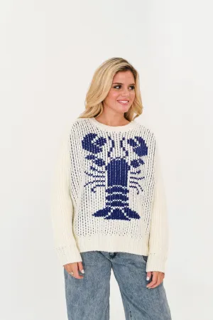 Evelyn Chunky Knit Lobster Sweater-Cream/Blue