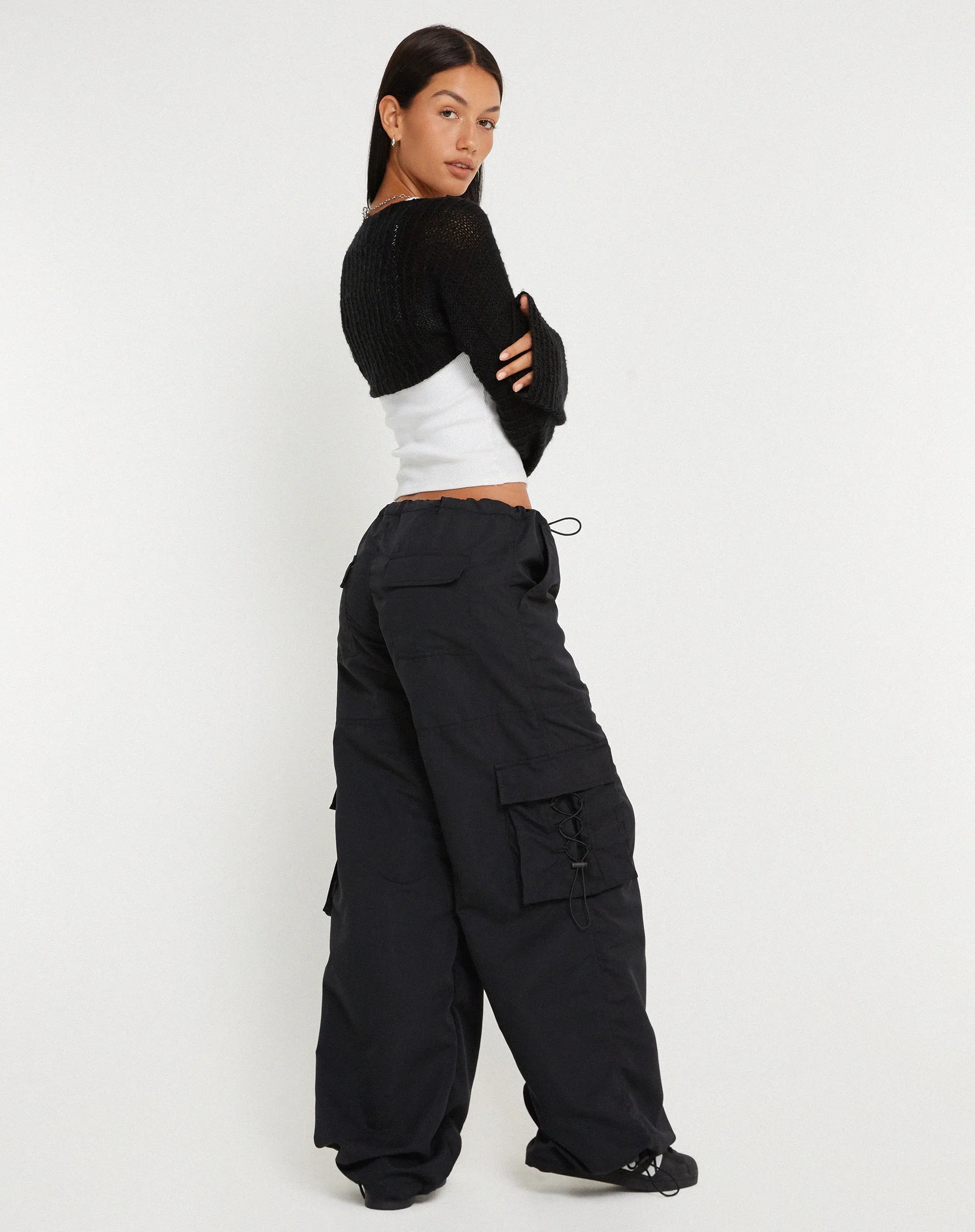 Fabio Wide Leg Cargo Trousers in Black