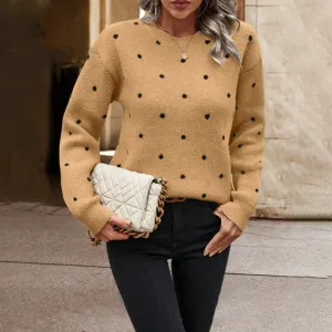 Fashion Round Neck Polka Dot Jacquard Long Sleeve Pullover Sweater