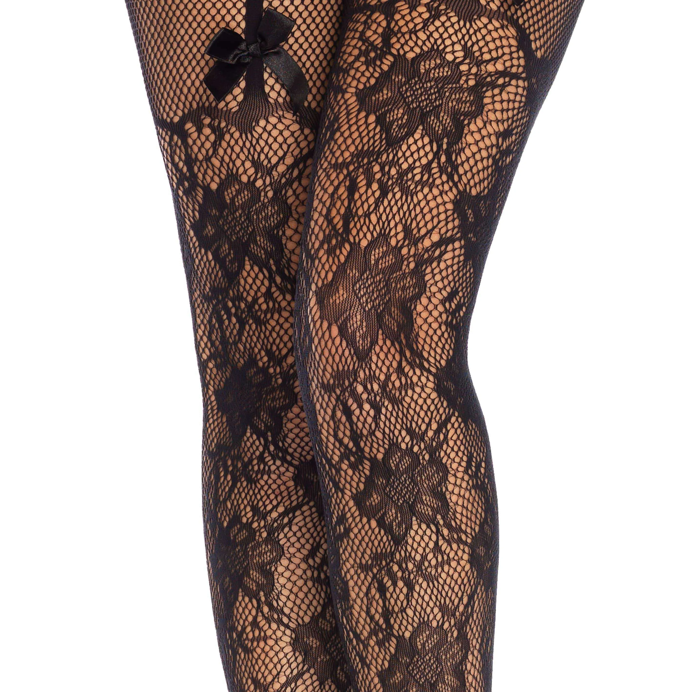 Fleur de Lace Suspender Illusion Crotchless Tights w/ Bow Accent