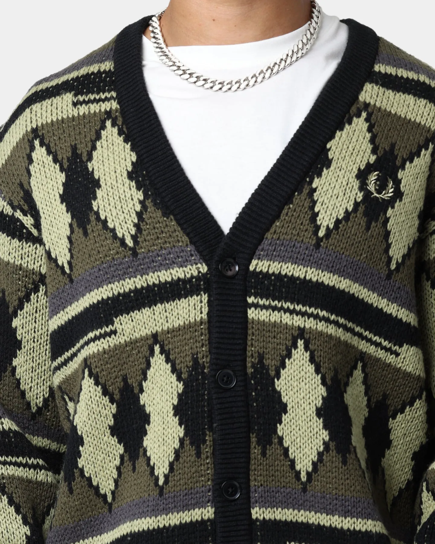 Fred Perry Chunky Jacquard Cardigan Sage Green