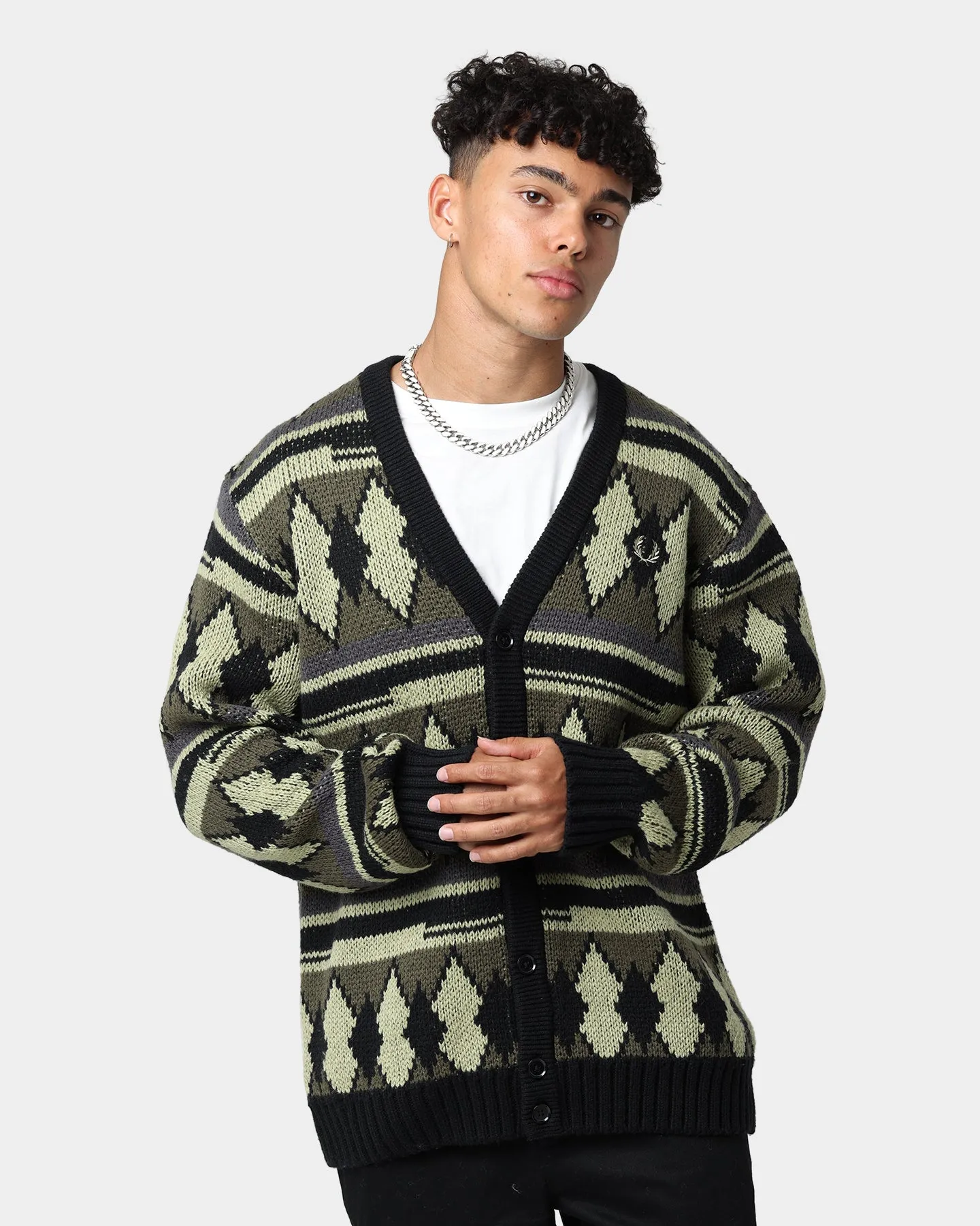 Fred Perry Chunky Jacquard Cardigan Sage Green