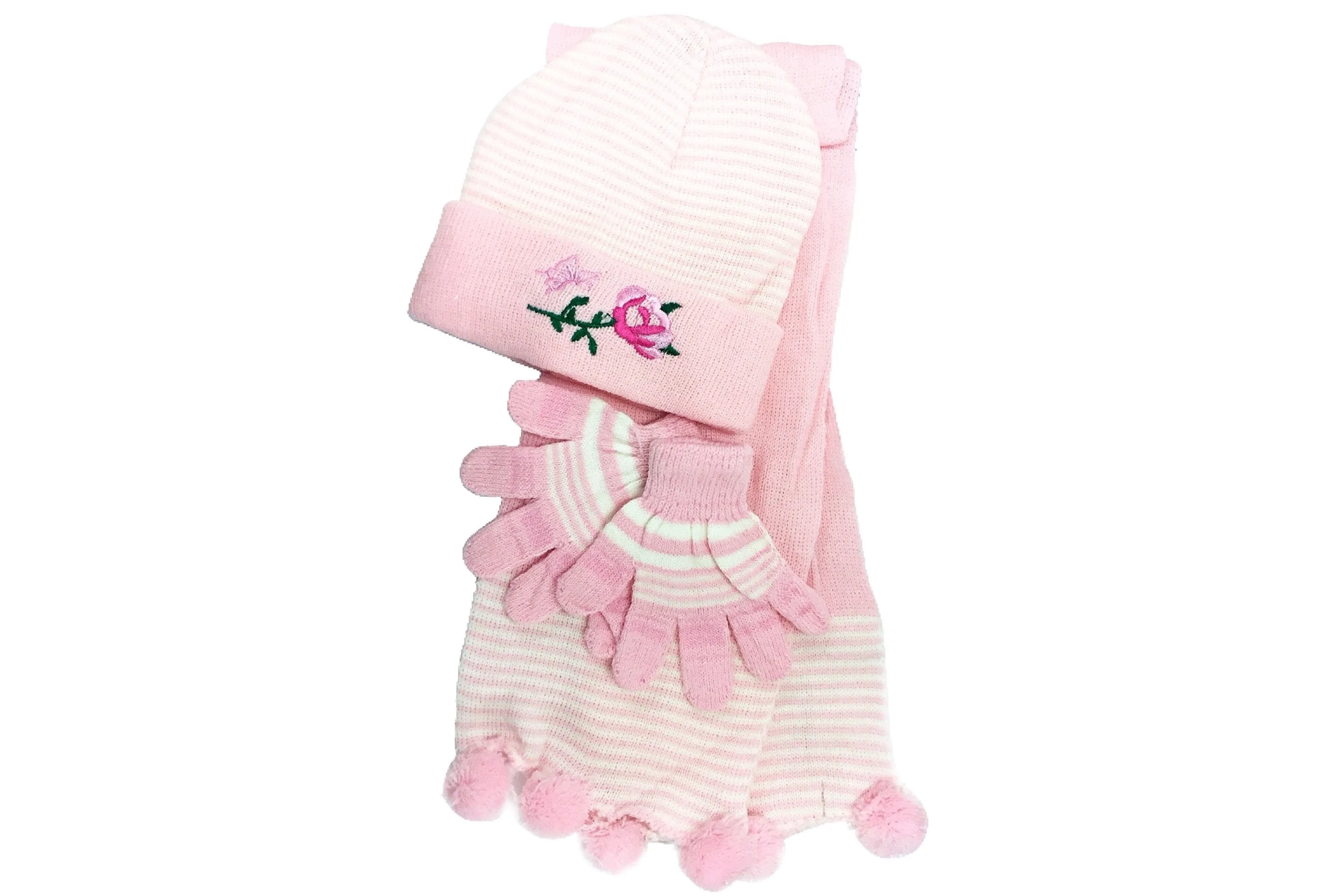 Girl's Scarf, Hat & Gloves Rose Set (3-Piece Set)