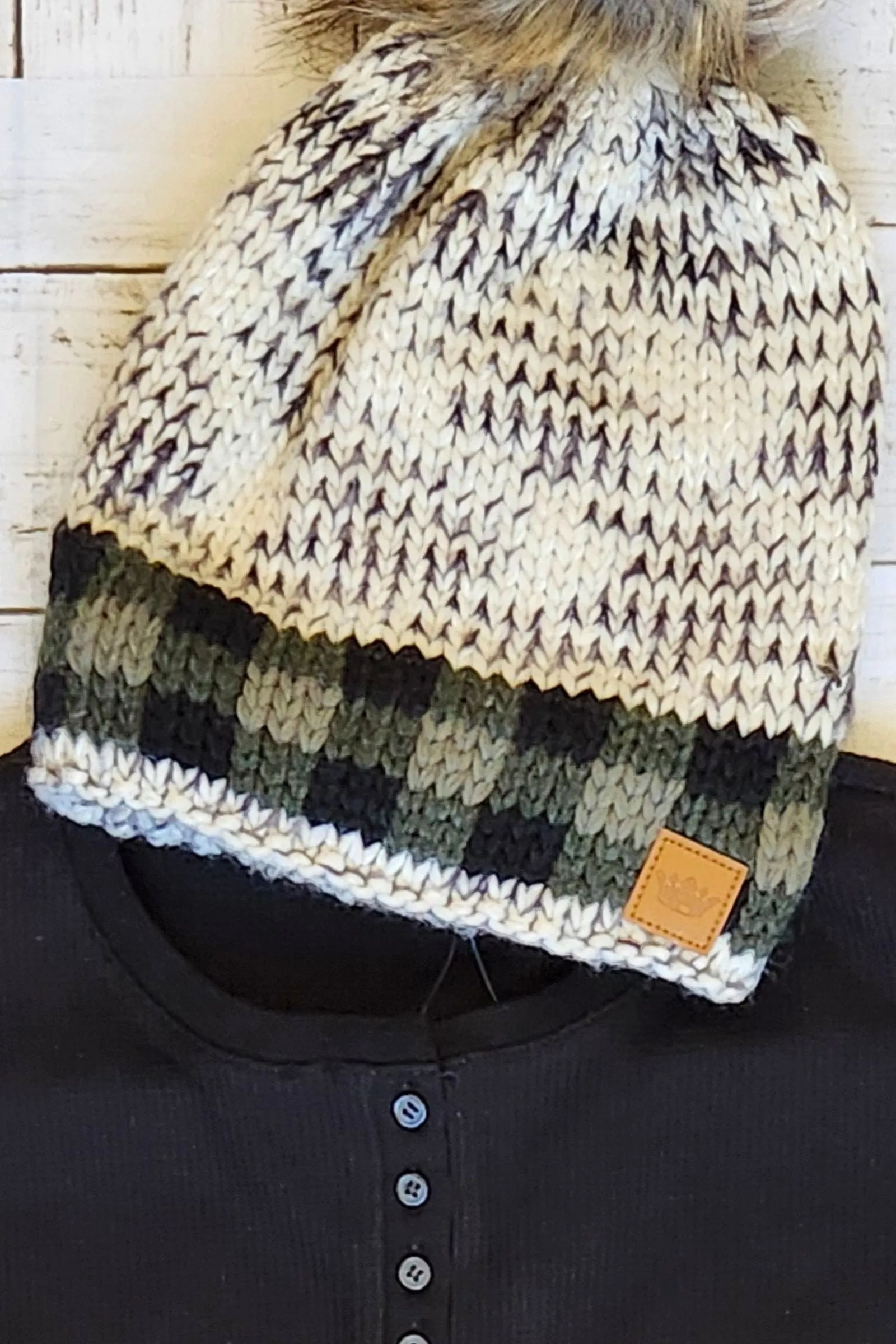 Green Buffalo Plaid Fur Pom Beanie