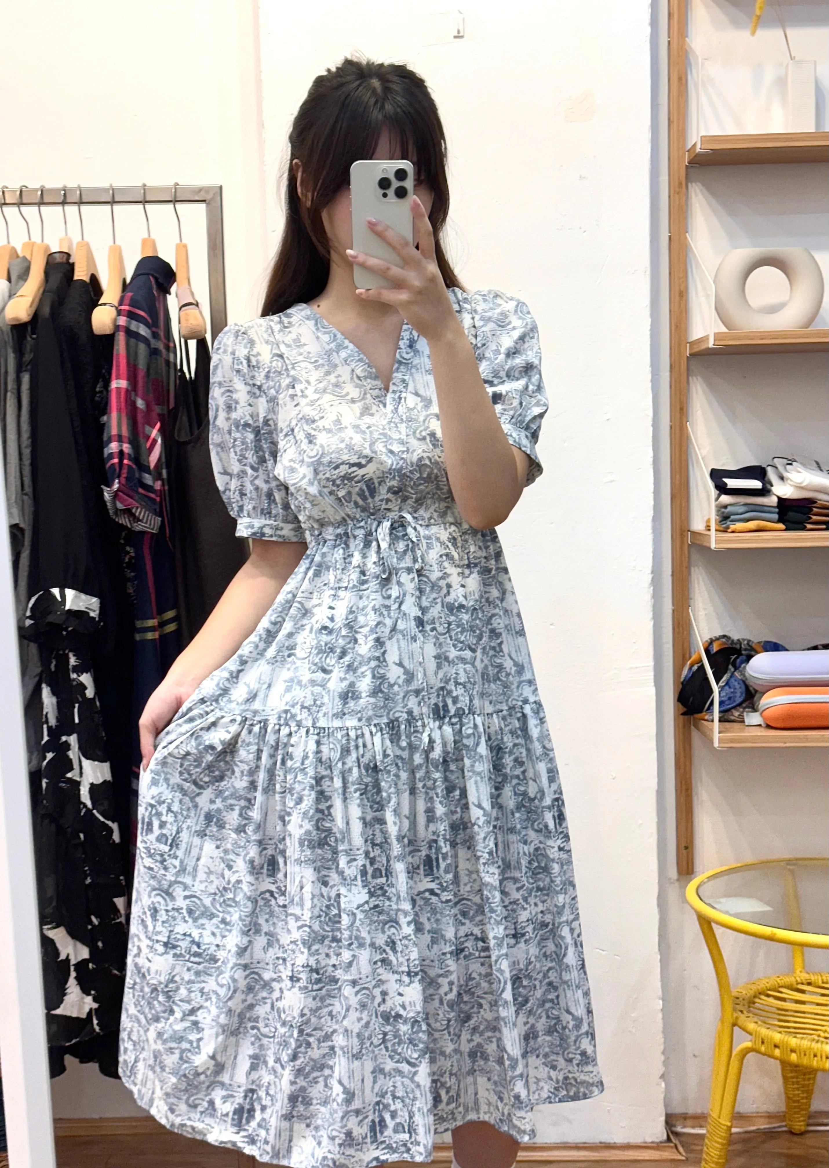 Grey-blue Floral Pattern V-neck Dress