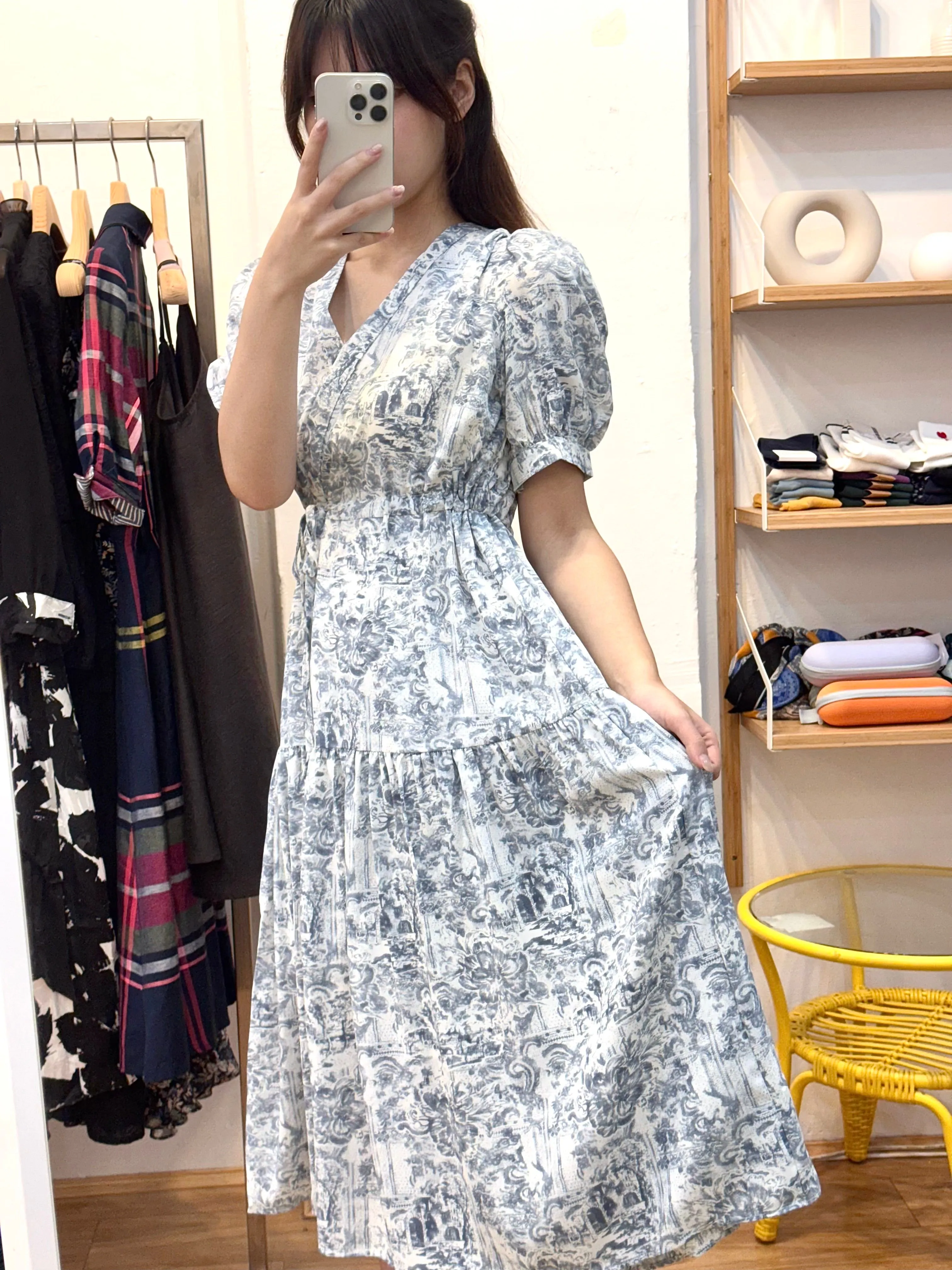 Grey-blue Floral Pattern V-neck Dress