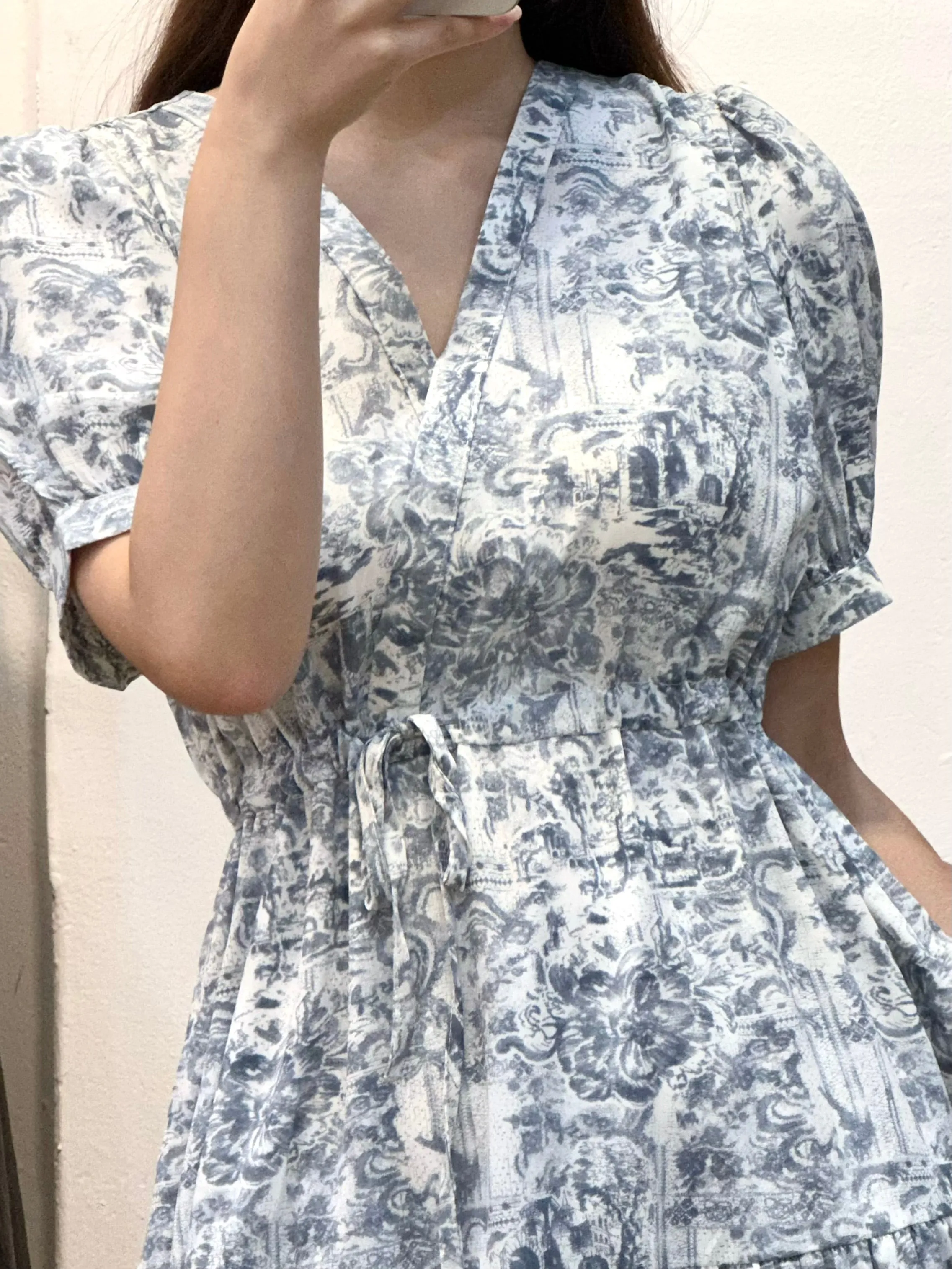 Grey-blue Floral Pattern V-neck Dress