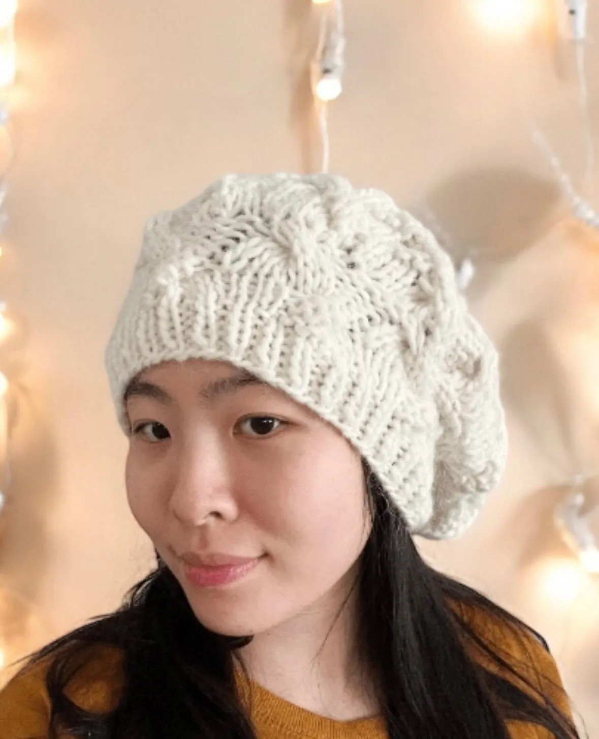 Handknit Cable Slouchy Beanie | Knit Beret | Slouchy Hat in cream white | Knit beanie in blue green | Fluffy cozy winter hat