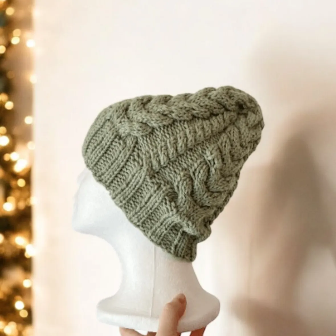 Handknit Sage green colour Cable Knitted | pastel colour autumn tone knit hat | adult women or men beanie | Winter knit briaded hatty light purple hat