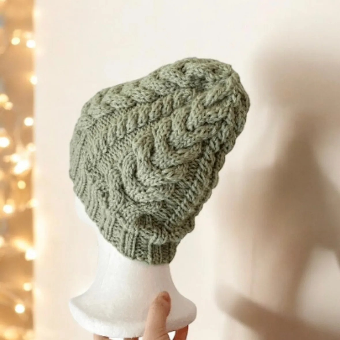 Handknit Sage green colour Cable Knitted | pastel colour autumn tone knit hat | adult women or men beanie | Winter knit briaded hatty light purple hat