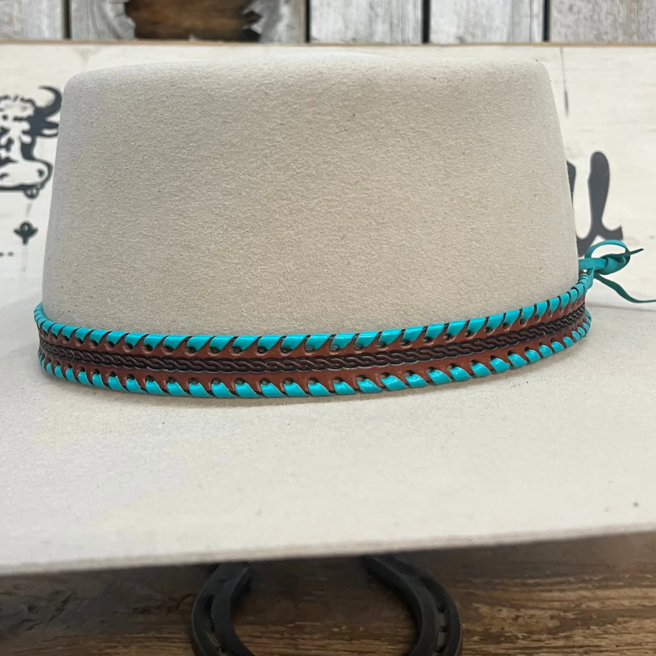 Hatband HB76-7 | 3/4" Brown Leather w/ Turquoise Whipstitch