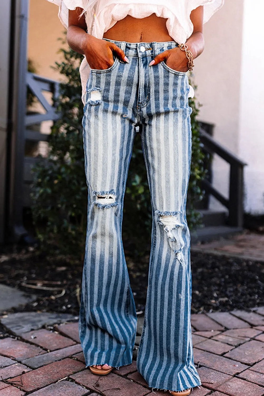 High Waist Distressed Striped Flare Jeans