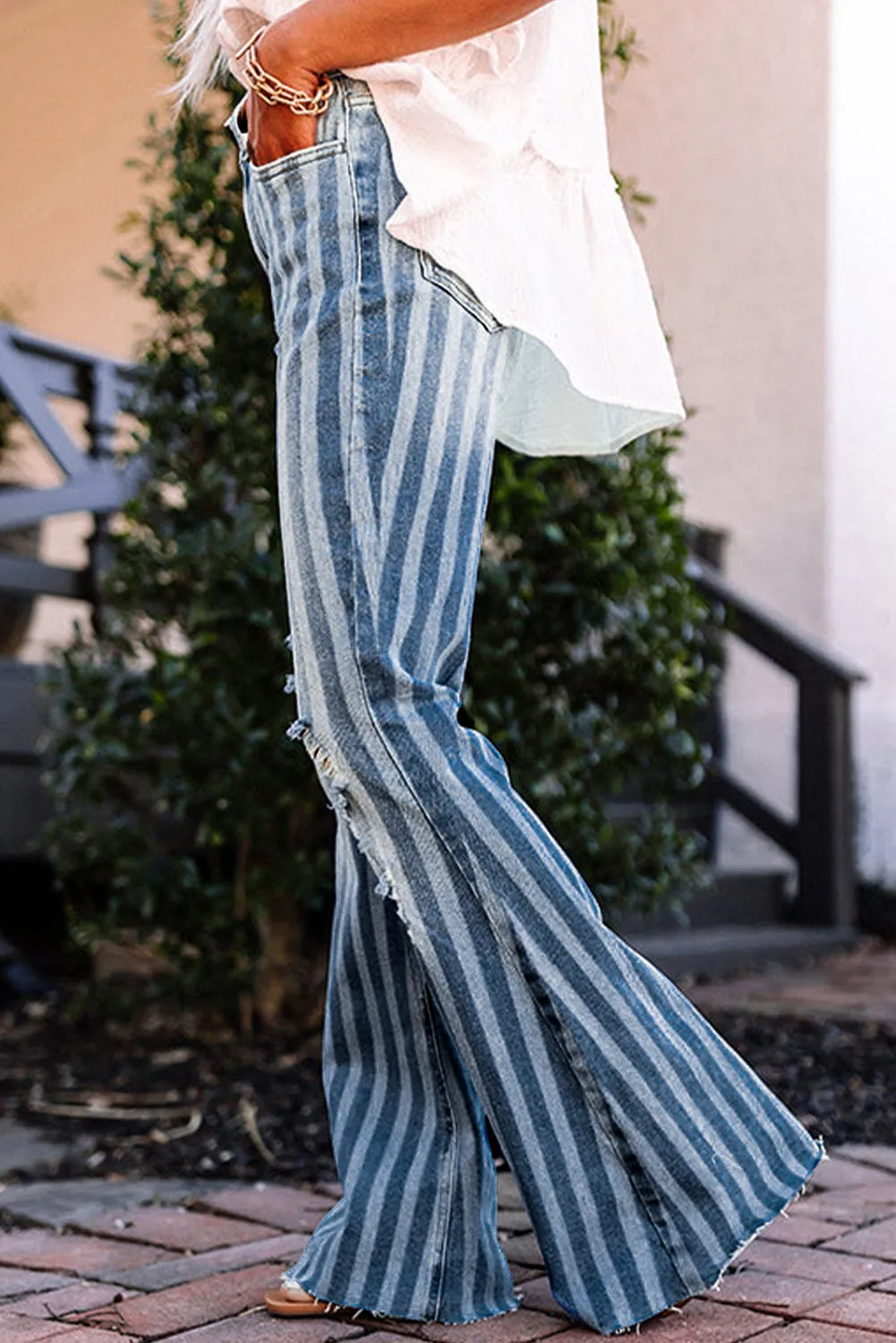 High Waist Distressed Striped Flare Jeans