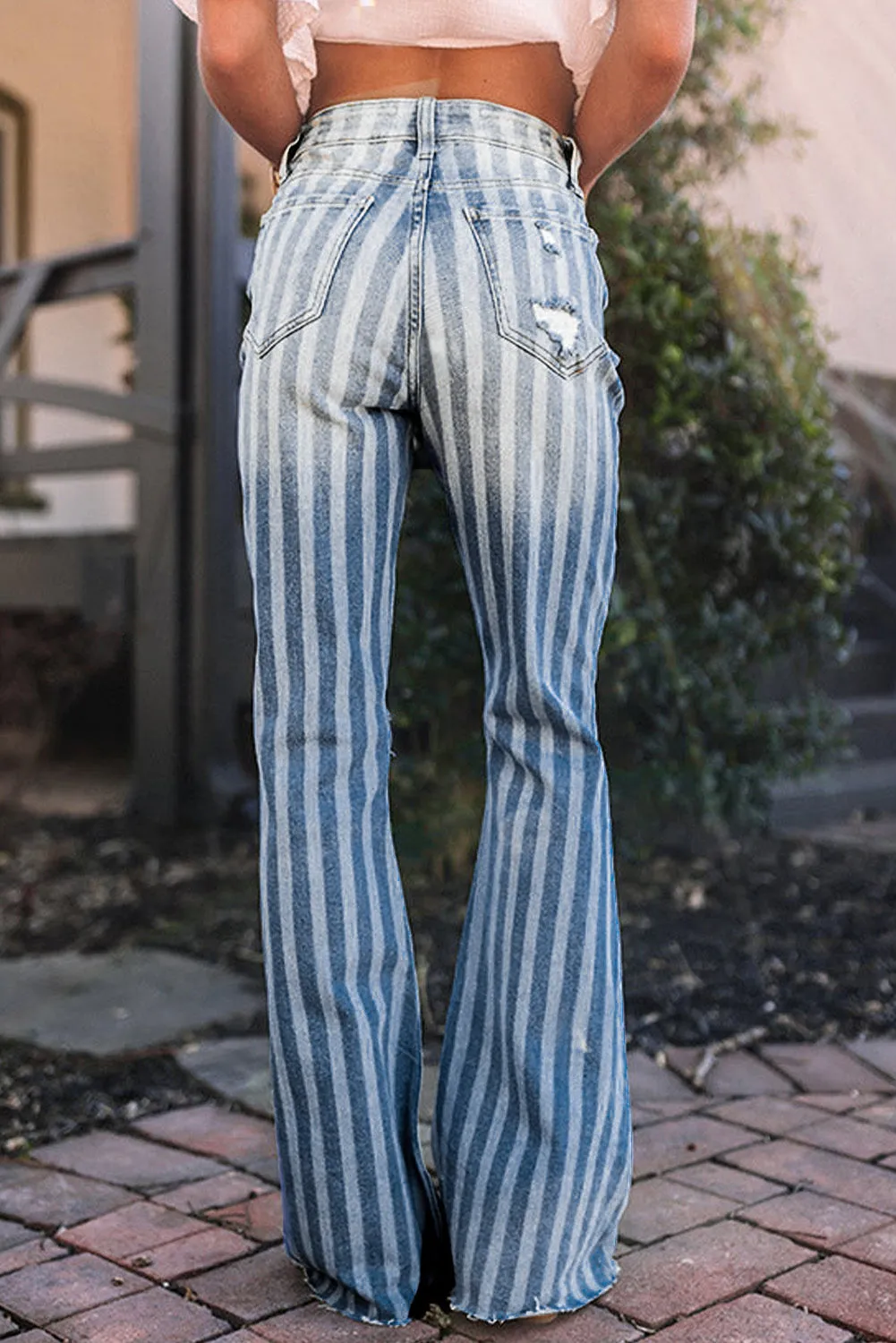 High Waist Distressed Striped Flare Jeans