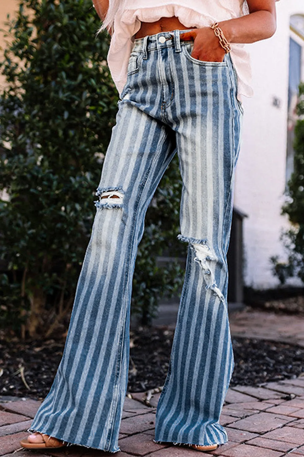 High Waist Distressed Striped Flare Jeans