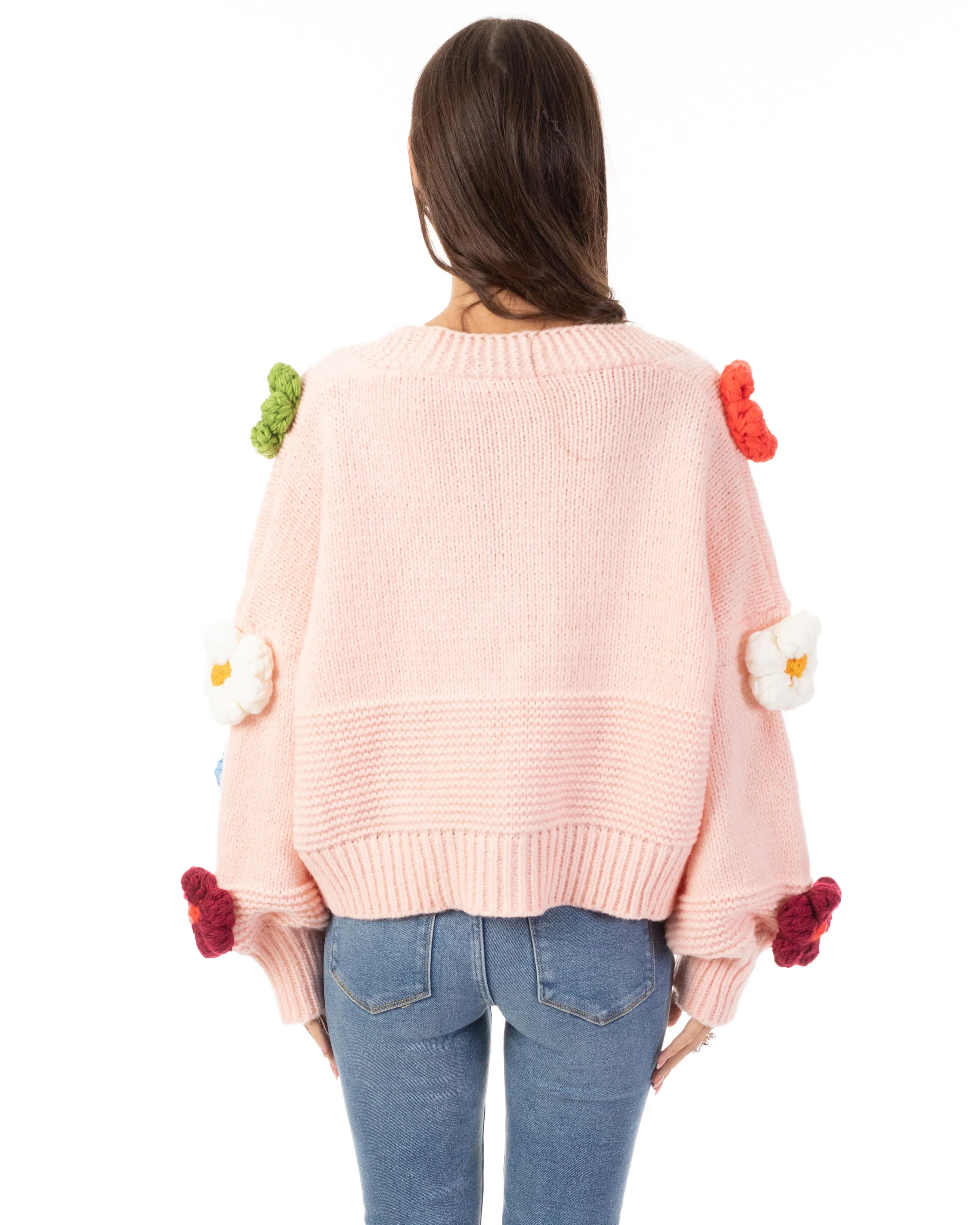 Hnad Knit Chunky Handknit Floral Patten Cardigan in Pink