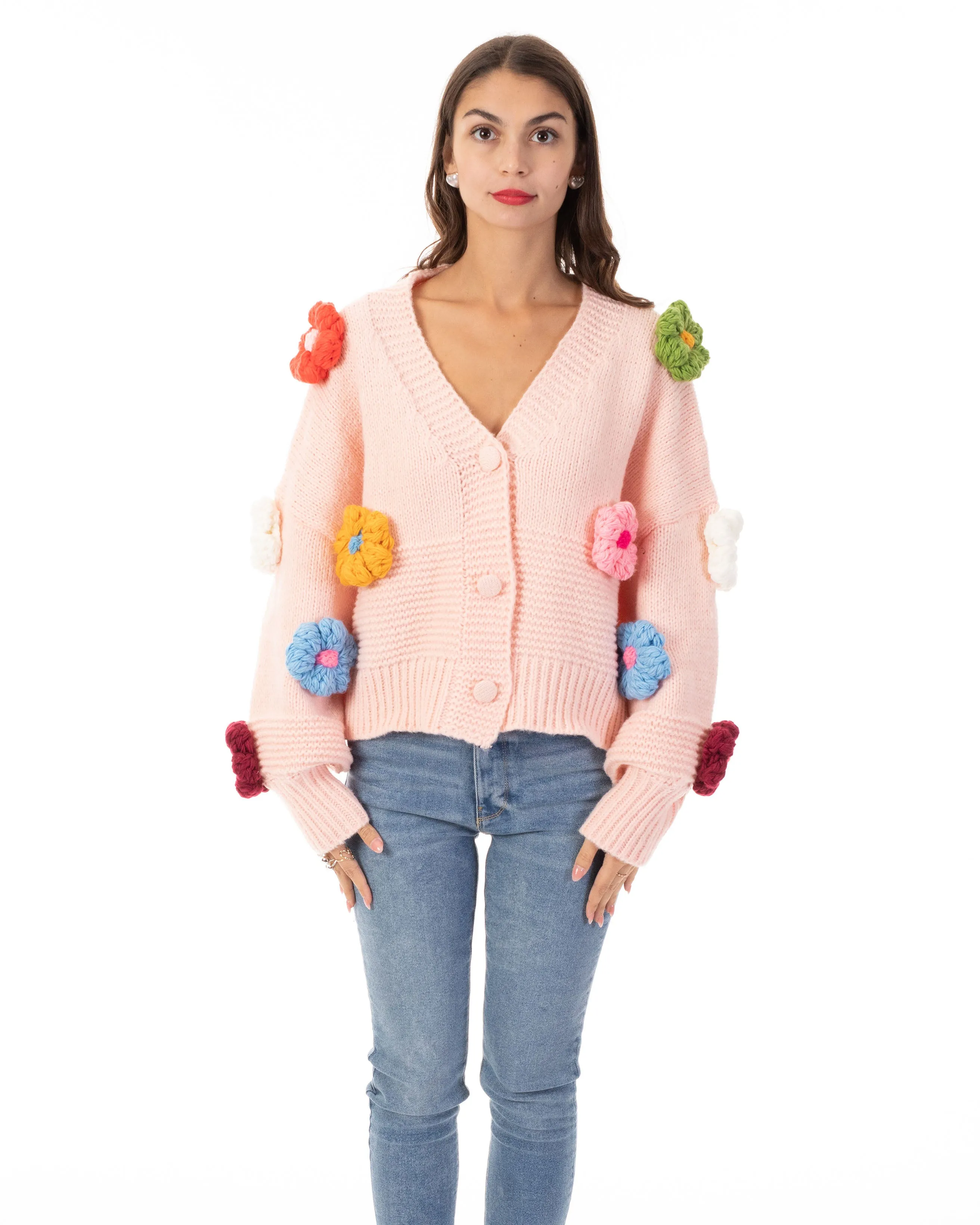 Hnad Knit Chunky Handknit Floral Patten Cardigan in Pink