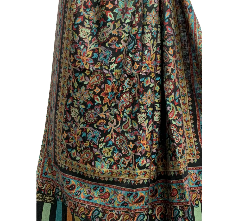 Indian Ethnic Kani Black Floral Paisley Silk Pure Wool Kashmiri Large Shawl Wrap #2