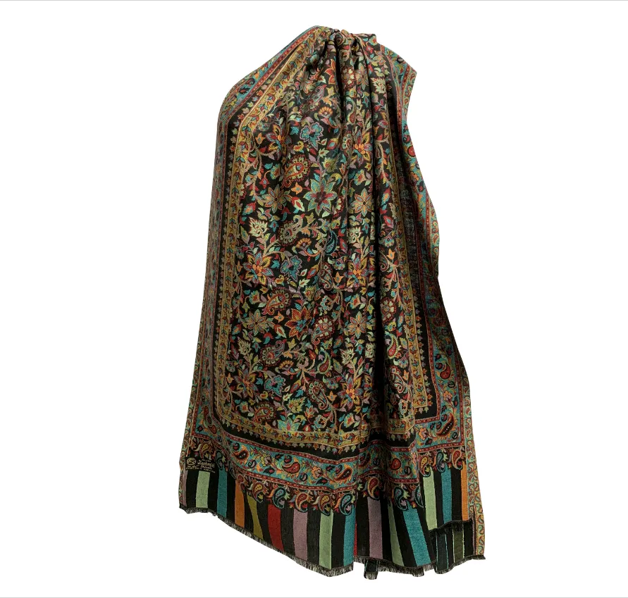 Indian Ethnic Kani Black Floral Paisley Silk Pure Wool Kashmiri Large Shawl Wrap #2