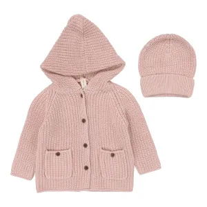 jacket chunky knit with beanie - powder pink