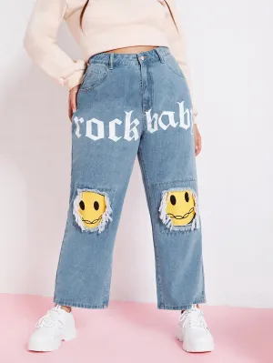 Letter Zipper High Waist Long Plus Size Jeans